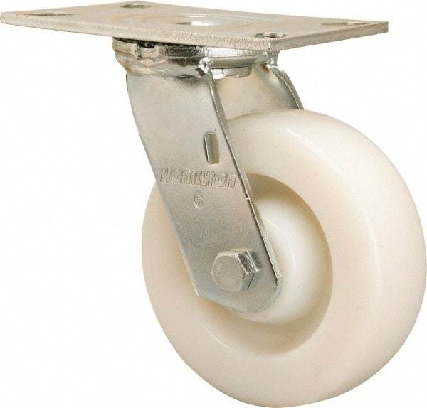 Hamilton - 6" Diam x 2" Wide x 7-1/2" OAH Top Plate Mount Swivel Caster - Nylon, 1,100 Lb Capacity, Precision Ball Bearing, 4-1/2 x 6-1/4" Plate - Eagle Tool & Supply
