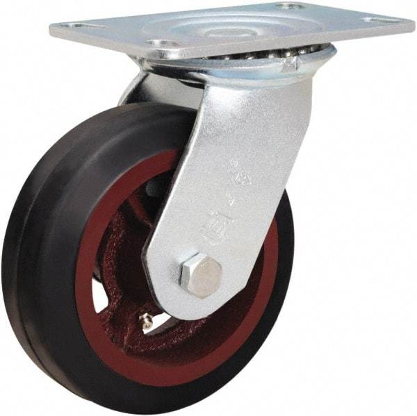 Hamilton - 6" Diam x 2" Wide x 7-1/2" OAH Top Plate Mount Swivel Caster - Rubber Mold on Cast Iron, 410 Lb Capacity, Straight Roller Bearing, 4-1/2 x 6-1/4" Plate - Eagle Tool & Supply