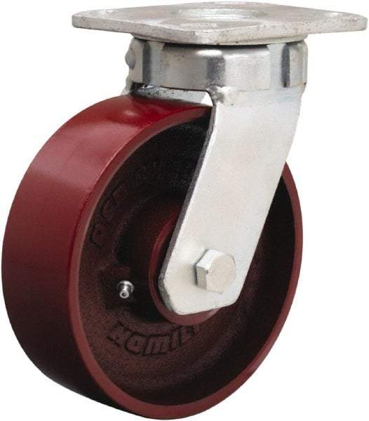 Hamilton - 6" Diam x 2" Wide x 7-1/2" OAH Top Plate Mount Swivel Caster - Cast Iron, 1,200 Lb Capacity, Sealed Precision Ball Bearing, 4 x 4-1/2" Plate - Eagle Tool & Supply