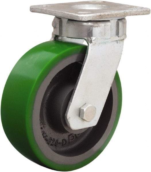 Hamilton - 6" Diam x 2" Wide x 7-1/2" OAH Top Plate Mount Swivel Caster - Polyurethane Mold onto Cast Iron Center, 1,200 Lb Capacity, Sealed Precision Ball Bearing, 4 x 4-1/2" Plate - Eagle Tool & Supply