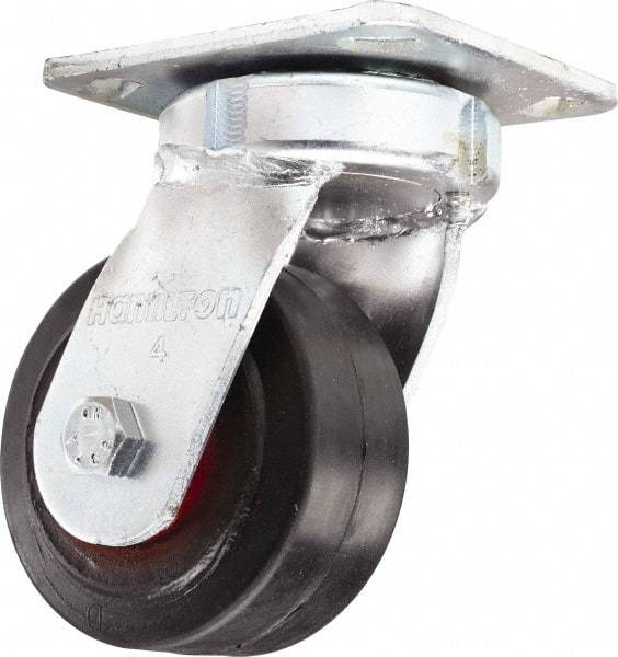 Hamilton - 4" Diam x 2" Wide x 5-5/8" OAH Top Plate Mount Swivel Caster - Rubber Mold on Cast Iron, Straight Roller Bearing, 4 x 4-1/2" Plate - Eagle Tool & Supply