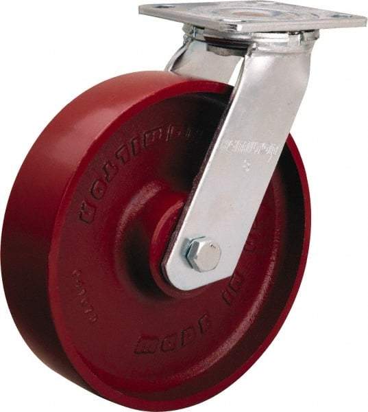 Hamilton - 8" Diam x 2" Wide x 9-1/2" OAH Top Plate Mount Swivel Caster - Cast Iron, 1,250 Lb Capacity, Precision Ball Bearing, 4 x 4-1/2" Plate - Eagle Tool & Supply