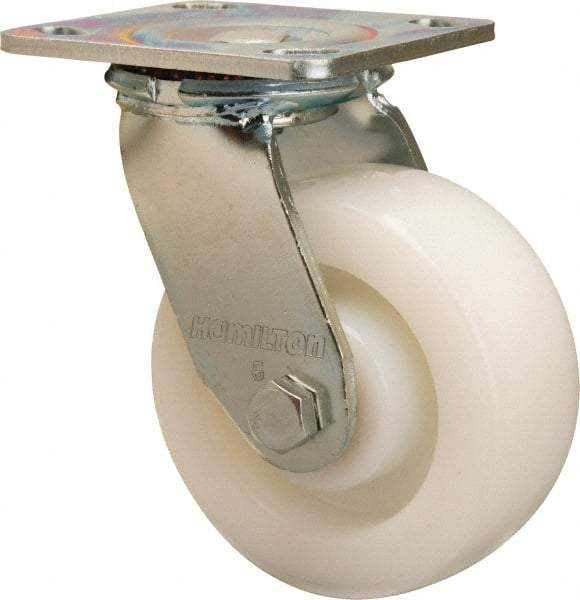Hamilton - 5" Diam x 2" Wide x 6-1/2" OAH Top Plate Mount Swivel Caster - Nylon, 900 Lb Capacity, Sealed Precision Ball Bearing, 4 x 4-1/2" Plate - Eagle Tool & Supply
