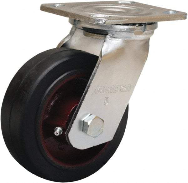 Hamilton - 5" Diam x 2" Wide x 6-1/2" OAH Top Plate Mount Swivel Caster - Rubber Mold on Cast Iron, 350 Lb Capacity, Straight Roller Bearing, 4 x 4-1/2" Plate - Eagle Tool & Supply
