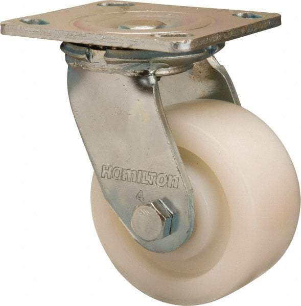 Hamilton - 4" Diam x 2" Wide x 5-5/8" OAH Top Plate Mount Swivel Caster - Nylon, 800 Lb Capacity, Sealed Precision Ball Bearing, 4 x 4-1/2" Plate - Eagle Tool & Supply