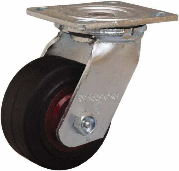 Hamilton - 4" Diam x 2" Wide x 5-5/8" OAH Top Plate Mount Swivel Caster - Rubber Mold on Cast Iron, 300 Lb Capacity, Straight Roller Bearing, 4 x 4-1/2" Plate - Eagle Tool & Supply