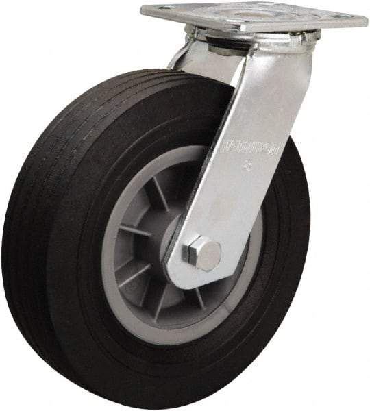 Hamilton - 8" Diam x 2-1/2" Wide, Rubber Swivel Caster - 400 Lb Capacity, Top Plate Mount, 4" x 4-1/2" Plate, Ball Bearing - Eagle Tool & Supply