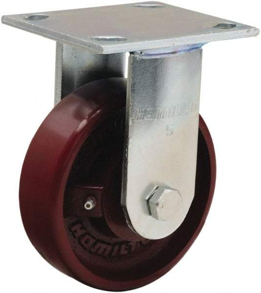 Hamilton - 5" Diam x 1-1/2" Wide x 6-1/8" OAH Top Plate Mount Rigid Caster - Cast Iron, 550 Lb Capacity, Straight Roller Bearing, 4 x 4-1/2" Plate - Eagle Tool & Supply