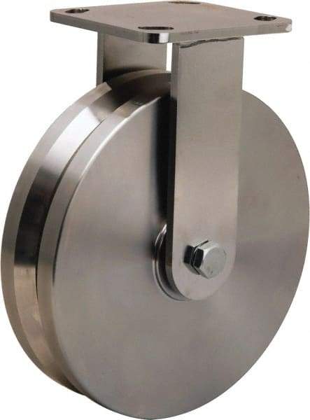 Hamilton - 8" Diam x 2" Wide, Stainless Steel Rigid Caster - 1,600 Lb Capacity, Top Plate Mount, 4" x 4-1/2" Plate, Delrin Bearing - Eagle Tool & Supply