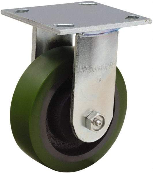 Hamilton - 5" Diam x 1-1/2" Wide x 6-1/8" OAH Top Plate Mount Rigid Caster - Polyurethane Mold onto Cast Iron Center, 550 Lb Capacity, Straight Roller Bearing, 4 x 4-1/2" Plate - Eagle Tool & Supply