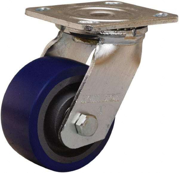 Hamilton - 4" Diam x 2" Wide x 5-5/8" OAH Top Plate Mount Swivel Caster - Polyurethane Mold onto Cast Iron Center, 600 Lb Capacity, Sealed Precision Ball Bearing, 4 x 4-1/2" Plate - Eagle Tool & Supply