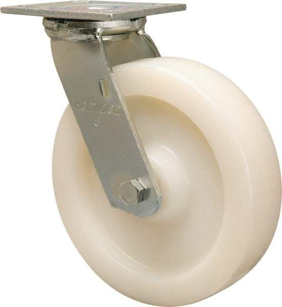 Hamilton - 8" Diam x 2" Wide x 9-1/2" OAH Top Plate Mount Swivel Caster - Nylon, 1,100 Lb Capacity, Sealed Precision Ball Bearing, 4 x 4-1/2" Plate - Eagle Tool & Supply