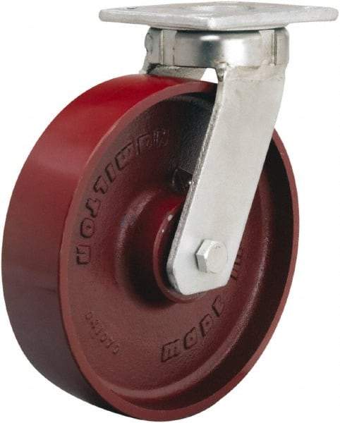 Hamilton - 8" Diam x 2" Wide x 9-1/2" OAH Top Plate Mount Swivel Caster - Cast Iron, 1,500 Lb Capacity, Sealed Precision Ball Bearing, 4 x 4-1/2" Plate - Eagle Tool & Supply