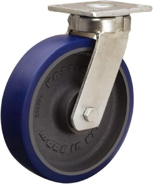 Hamilton - 8" Diam x 2" Wide x 9-1/2" OAH Top Plate Mount Swivel Caster - Polyurethane Mold onto Cast Iron Center, 1,200 Lb Capacity, Sealed Precision Ball Bearing, 4 x 4-1/2" Plate - Eagle Tool & Supply