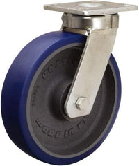 Hamilton - 8" Diam x 2" Wide x 9-1/2" OAH Top Plate Mount Swivel Caster - Polyurethane Mold onto Cast Iron Center, 1,200 Lb Capacity, Sealed Precision Ball Bearing, 4 x 4-1/2" Plate - Eagle Tool & Supply
