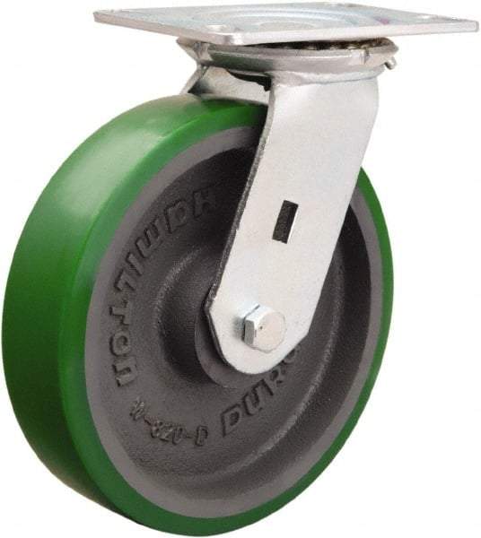 Hamilton - 8" Diam x 2" Wide x 9-1/2" OAH Top Plate Mount Swivel Caster - Polyurethane Mold onto Cast Iron Center, 1,500 Lb Capacity, Sealed Precision Ball Bearing, 4-1/2 x 6-1/4" Plate - Eagle Tool & Supply