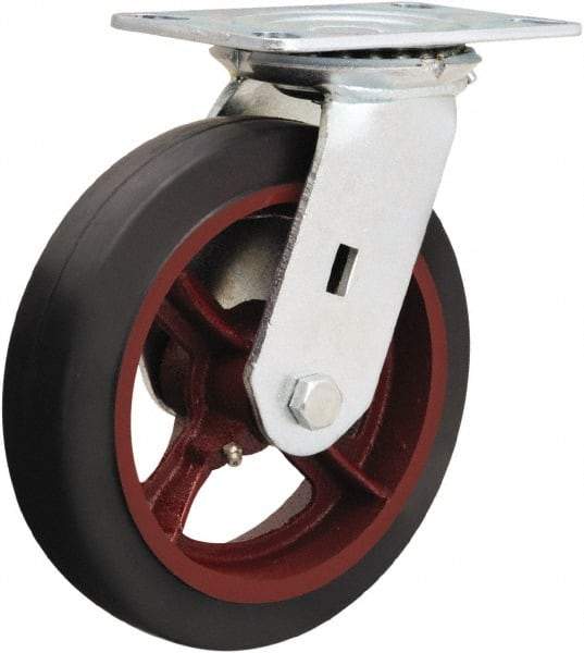 Hamilton - 8" Diam x 2" Wide x 9-1/2" OAH Top Plate Mount Swivel Caster - Rubber Mold on Cast Iron, 500 Lb Capacity, Straight Roller Bearing, 4-1/2 x 6-1/4" Plate - Eagle Tool & Supply