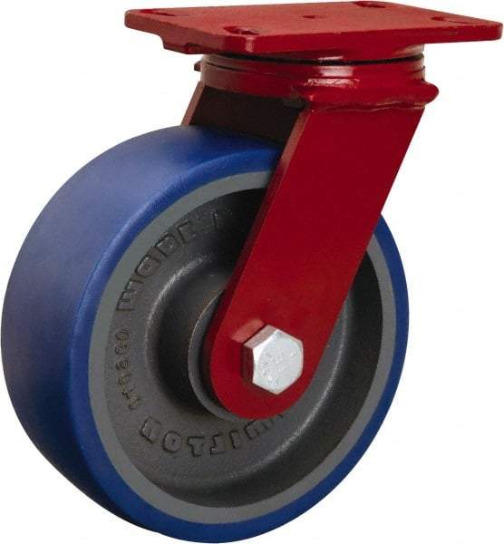 Hamilton - 8" Diam x 3" Wide x 10-1/8" OAH Top Plate Mount Swivel Caster - Polyurethane Mold onto Cast Iron Center, 2,000 Lb Capacity, Tapered Roller Bearing, 4-1/2 x 6-1/2" Plate - Eagle Tool & Supply