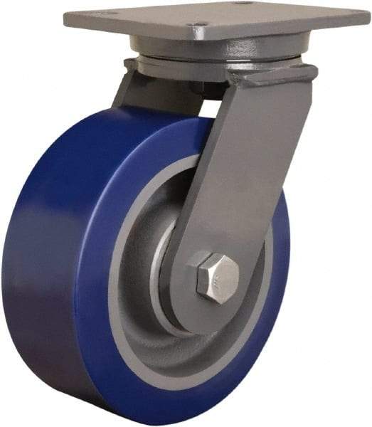 Hamilton - 8" Diam x 3" Wide x 10-1/2" OAH Top Plate Mount Swivel Caster - Polyurethane Mold onto Cast Iron Center, 3,500 Lb Capacity, Tapered Roller Bearing, 5-1/4 x 7-1/4" Plate - Eagle Tool & Supply