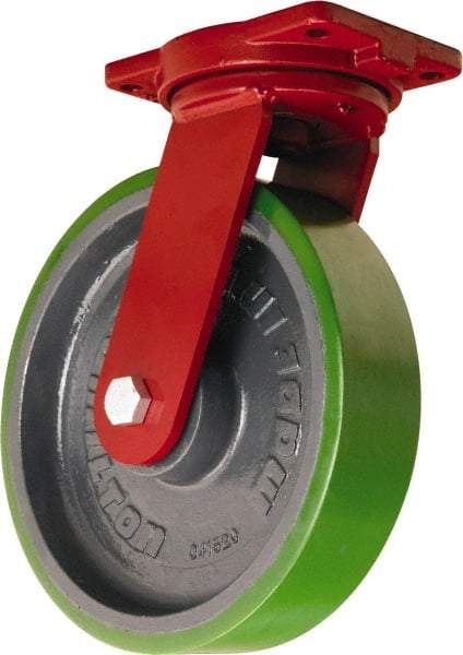 Hamilton - 12" Diam x 3" Wide x 14-1/2" OAH Top Plate Mount Swivel Caster - Polyurethane Mold onto Cast Iron Center, 3,500 Lb Capacity, Sealed Precision Ball Bearing, 6-1/8 x 7-1/2" Plate - Eagle Tool & Supply