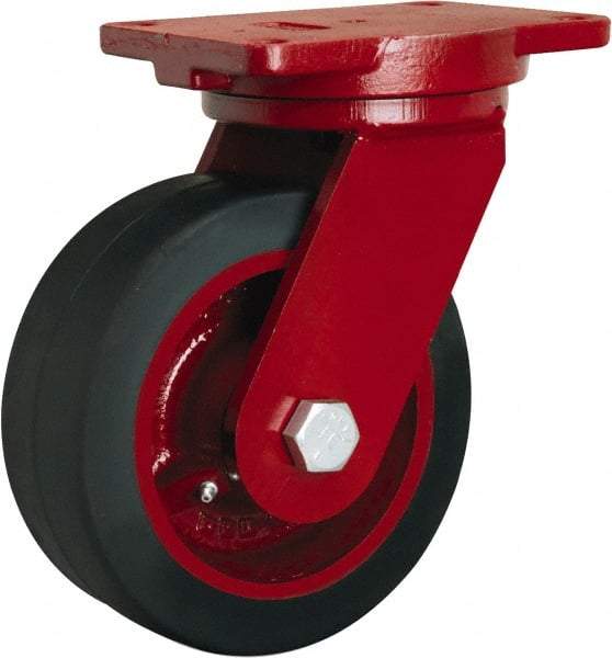 Hamilton - 10" Diam x 3" Wide x 12-1/2" OAH Top Plate Mount Swivel Caster - Rubber Mold on Cast Iron, 1,000 Lb Capacity, Straight Roller Bearing, 6-1/8 x 7-1/2" Plate - Eagle Tool & Supply