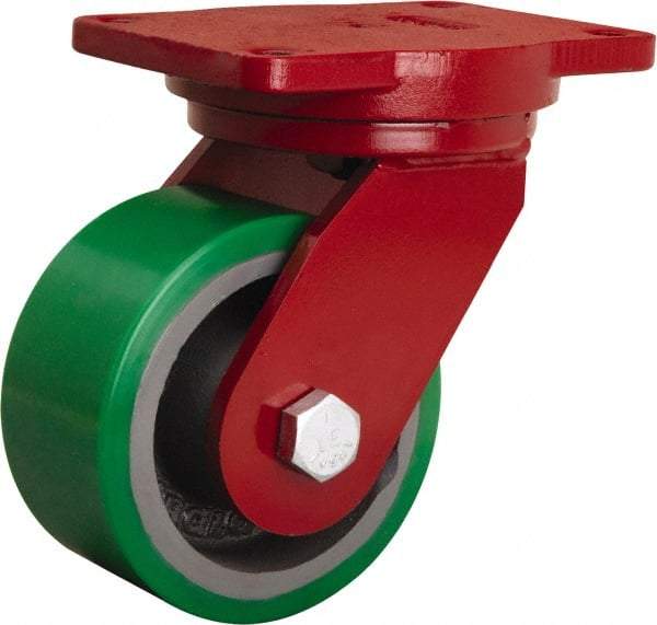 Hamilton - 6" Diam x 3" Wide x 8-1/2" OAH Top Plate Mount Swivel Caster - Polyurethane Mold onto Cast Iron Center, 2,200 Lb Capacity, Tapered Roller Bearing, 6-1/8 x 7-1/2" Plate - Eagle Tool & Supply