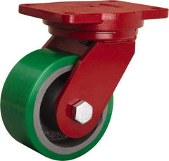 Hamilton - 6" Diam x 3" Wide x 8-1/2" OAH Top Plate Mount Swivel Caster - Polyurethane Mold onto Cast Iron Center, 2,200 Lb Capacity, Tapered Roller Bearing, 6-1/8 x 7-1/2" Plate - Eagle Tool & Supply