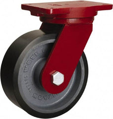 Hamilton - 8" Diam x 3" Wide x 10-1/2" OAH Top Plate Mount Swivel Caster - Polyurethane Mold onto Cast Iron Center, 3,250 Lb Capacity, Tapered Roller Bearing, 6-1/8 x 7-1/2" Plate - Eagle Tool & Supply