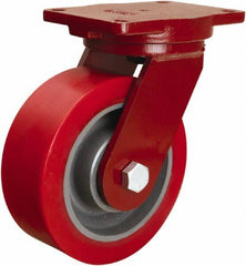 Hamilton - 8" Diam x 3" Wide x 10-1/2" OAH Top Plate Mount Swivel Caster - Polyurethane Mold onto Cast Iron Center, 4,400 Lb Capacity, Tapered Roller Bearing, 6-1/8 x 7-1/2" Plate - Eagle Tool & Supply