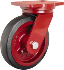 Hamilton - 8" Diam x 2-1/2" Wide x 10-1/2" OAH Top Plate Mount Swivel Caster - Rubber Mold on Cast Iron, 670 Lb Capacity, Precision Tapered Roller Bearing, 6-1/8 x 7-1/2" Plate - Eagle Tool & Supply