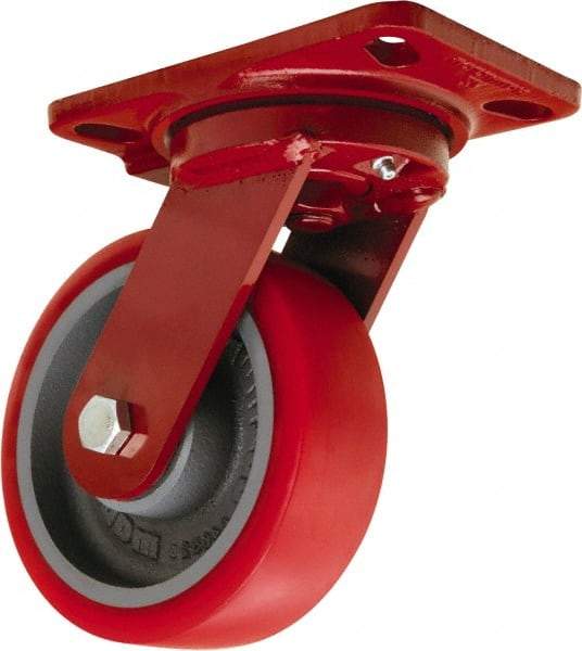 Hamilton - 6" Diam x 2" Wide x 7-3/4" OAH Top Plate Mount Swivel Caster - Polyurethane Mold onto Cast Iron Center, 1,400 Lb Capacity, Sealed Precision Ball Bearing, 4-1/2 x 6-1/2" Plate - Eagle Tool & Supply