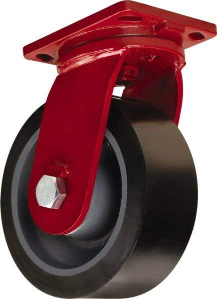 Hamilton - 10" Diam x 4" Wide x 12-1/2" OAH Top Plate Mount Swivel Caster - Polyurethane Mold on Forged Steel, 6,500 Lb Capacity, Tapered Roller Bearing, 6-1/2 x 7-1/2" Plate - Eagle Tool & Supply