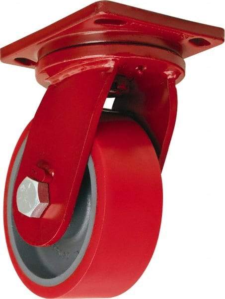 Hamilton - 8" Diam x 3" Wide x 10-1/2" OAH Top Plate Mount Swivel Caster - Polyurethane Mold onto Cast Iron Center, 3,000 Lb Capacity, Sealed Precision Ball Bearing, 6-1/2 x 7-1/2" Plate - Eagle Tool & Supply