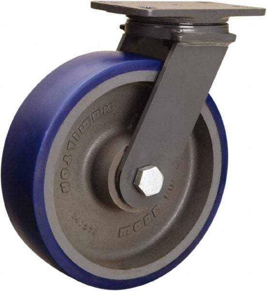 Hamilton - 10" Diam x 3" Wide x 12-1/16" OAH Top Plate Mount Swivel Caster - Polyurethane Mold onto Cast Iron Center, 2,400 Lb Capacity, Tapered Roller Bearing, 4-1/2 x 6-1/2" Plate - Eagle Tool & Supply