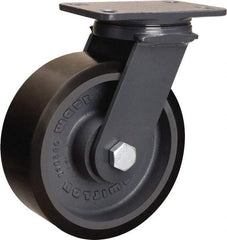 Hamilton - 8" Diam x 3" Wide x 10-1/4" OAH Top Plate Mount Swivel Caster - Polyurethane Mold onto Cast Iron Center, 2,400 Lb Capacity, Tapered Roller Bearing, 4-1/2 x 6-1/2" Plate - Eagle Tool & Supply