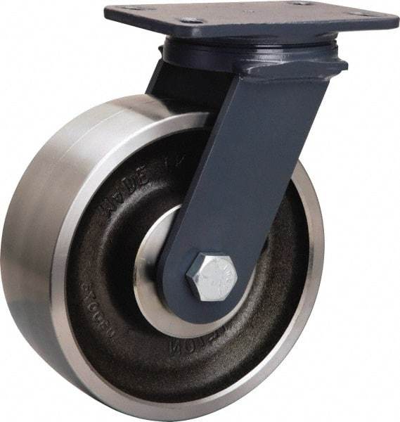 Hamilton - 8" Diam x 3" Wide x 10-1/4" OAH Top Plate Mount Swivel Caster - Forged Steel, 2,400 Lb Capacity, Sealed Precision Ball Bearing, 4-1/2 x 6-1/2" Plate - Eagle Tool & Supply