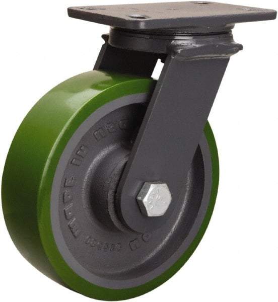 Hamilton - 8" Diam x 2-1/2" Wide x 10-1/4" OAH Top Plate Mount Swivel Caster - Polyurethane Mold onto Cast Iron Center, 2,000 Lb Capacity, Tapered Roller Bearing, 4-1/2 x 6-1/2" Plate - Eagle Tool & Supply