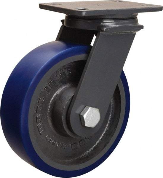 Hamilton - 8" Diam x 3" Wide x 10-1/4" OAH Top Plate Mount Swivel Caster - Polyurethane Mold onto Cast Iron Center, 2,000 Lb Capacity, Sealed Precision Ball Bearing, 4-1/2 x 6-1/2" Plate - Eagle Tool & Supply
