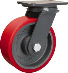 Hamilton - 8" Diam x 3" Wide x 10-1/4" OAH Top Plate Mount Swivel Caster - Polyurethane Mold onto Cast Iron Center, 2,400 Lb Capacity, Tapered Roller Bearing, 4-1/2 x 6-1/2" Plate - Eagle Tool & Supply