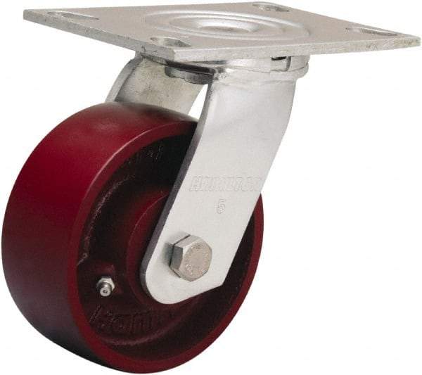 Hamilton - 5" Diam x 2" Wide x 6-1/2" OAH Top Plate Mount Swivel Caster - Cast Iron, 1,250 Lb Capacity, Sealed Precision Ball Bearing, 4-1/2 x 6-1/4" Plate - Eagle Tool & Supply