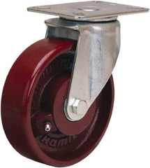 Hamilton - 5" Diam x 1-1/2" Wide x 6-3/8" OAH Top Plate Mount Swivel Caster - Cast Iron, 450 Lb Capacity, Straight Roller Bearing, 3-1/8 x 4-1/8" Plate - Eagle Tool & Supply