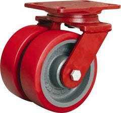 Hamilton - 6" Diam x 2" Wide x 7-3/4" OAH Top Plate Mount Dual Swivel Caster - Polyurethane Mold on Forged Steel, 2,500 Lb Capacity, Tapered Roller Bearing, 4-1/2 x 6-1/2" Plate - Eagle Tool & Supply