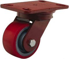 Hamilton - 4" Diam x 2" Wide x 5-5/8" OAH Top Plate Mount Swivel Caster - Polyurethane Mold on Forged Steel, 900 Lb Capacity, Sealed Precision Ball Bearing, 4-1/2 x 6-1/2" Plate - Eagle Tool & Supply