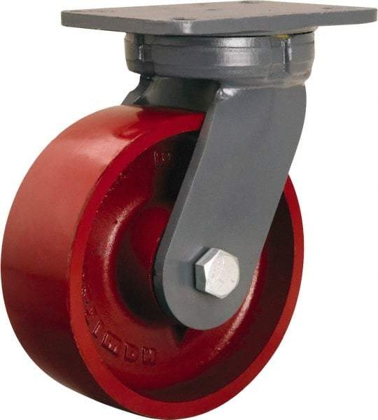 Hamilton - 8" Diam x 3" Wide x 10-1/2" OAH Top Plate Mount Swivel Caster - Cast Iron, 2,600 Lb Capacity, Tapered Roller Bearing, 5-1/4 x 7-1/4" Plate - Eagle Tool & Supply