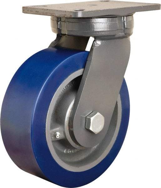 Hamilton - 8" Diam x 3" Wide x 10-1/2" OAH Top Plate Mount Swivel Caster - Polyurethane Mold on Forged Steel, 3,500 Lb Capacity, Straight Roller Bearing, 5-1/4 x 7-1/4" Plate - Eagle Tool & Supply