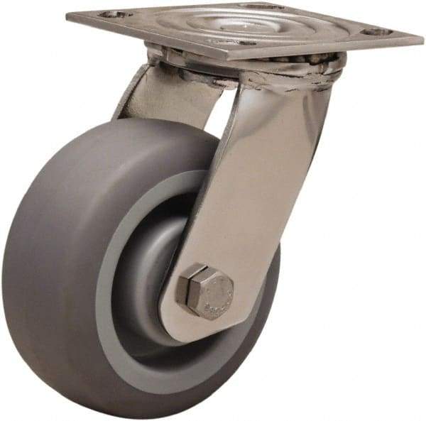 Hamilton - 5" Diam x 2" Wide x 6-1/2" OAH Top Plate Mount Swivel Caster - Rubber Mold on Polyolefin, 350 Lb Capacity, Delrin Bearing, 3-3/4 x 4-1/2" Plate - Eagle Tool & Supply