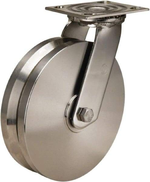 Hamilton - 8" Diam x 2" Wide, Stainless Steel Swivel Caster - 800 Lb Capacity, Top Plate Mount, 3-3/4" x 4-1/2" Plate, Delrin Bearing - Eagle Tool & Supply