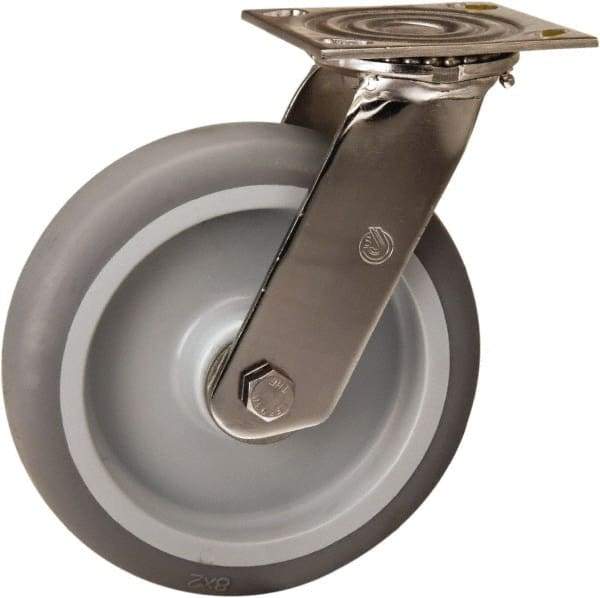 Hamilton - 8" Diam x 2" Wide x 9-1/2" OAH Top Plate Mount Swivel Caster - Rubber Mold on Polyolefin, 500 Lb Capacity, Delrin Bearing, 3-3/4 x 4-1/2" Plate - Eagle Tool & Supply