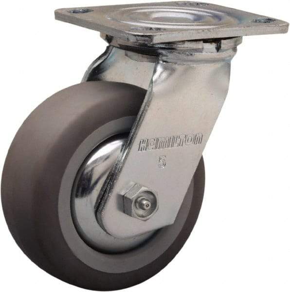 Hamilton - 5" Diam x 2" Wide x 6-1/2" OAH Top Plate Mount Swivel Caster - Rubber Mold on Polyolefin, 350 Lb Capacity, Straight Roller Bearing, 4 x 4-1/2" Plate - Eagle Tool & Supply