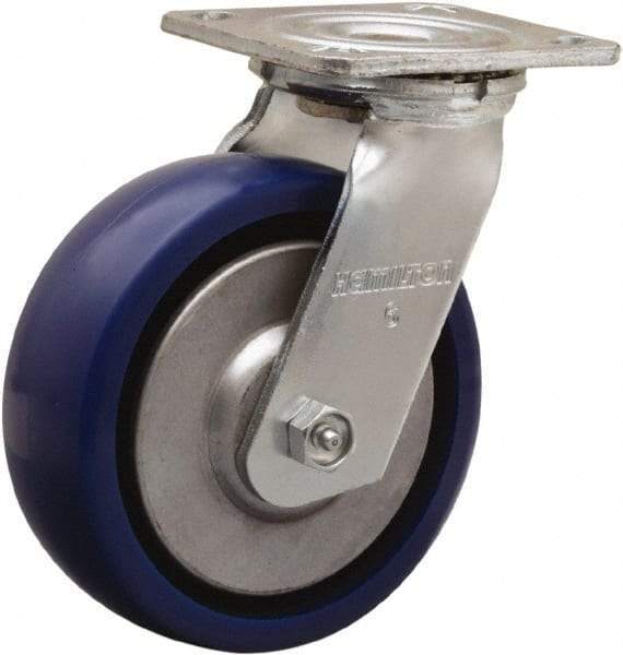 Hamilton - 6" Diam x 2" Wide x 7-1/2" OAH Top Plate Mount Swivel Caster - Polyurethane, 900 Lb Capacity, Sealed Precision Ball Bearing, 4 x 4-1/2" Plate - Eagle Tool & Supply